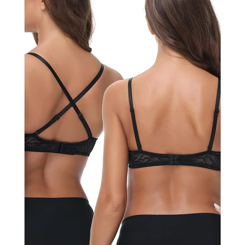 Cortelay Women's Black Deep V Neck Plunge Bra Push Up Light Pad Leopard Lace 40D